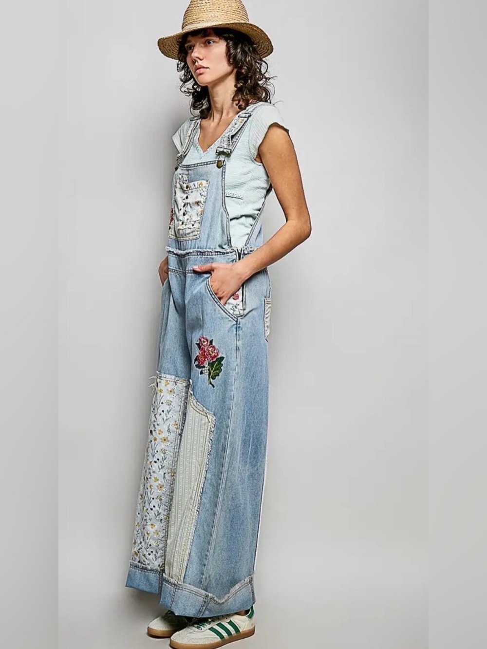 POL Light Blue Patchwork Denim Overalls with Floral Appliqué NWT